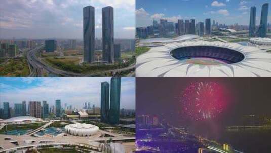 浙江省杭州市城市亚运会奥体中心航拍延时宣高清在线视频素材下载