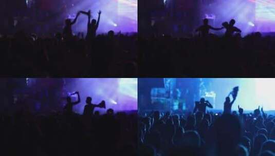 年轻人在音乐会上跳跃和举手的剪影，在ex高清在线视频素材下载