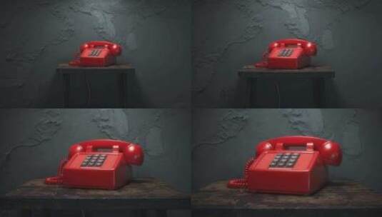红色复古老式电话在一栋废弃建筑的脏桌子上高清在线视频素材下载