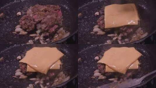 奶酪片加入平底锅中的汉堡，与洋葱一起烹饪高清在线视频素材下载
