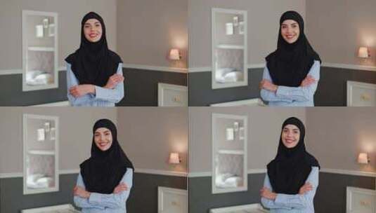 穆斯林女商人在头巾友好凝视在酒店房间中东高清在线视频素材下载