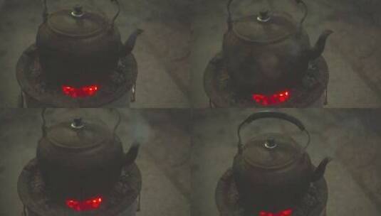老式煤饼烧水壶高清在线视频素材下载