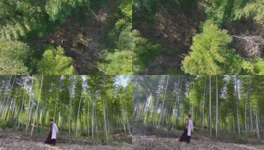 4K竹山竹林穿着古装竹林中行走高清在线视频素材下载