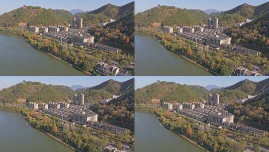 安徽省黄山市屯溪区新安江沿岸景色航拍高清在线视频素材下载