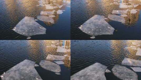 海鸥浮冰河面冰雪消融城市自然风光高清在线视频素材下载