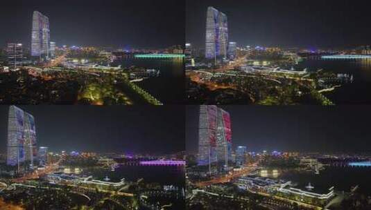 金鸡湖苏州中心夜晚航拍高清在线视频素材下载