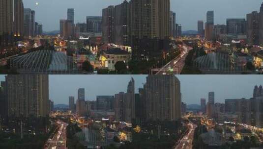 武汉沙湖航拍黄昏步行街月亮高清在线视频素材下载