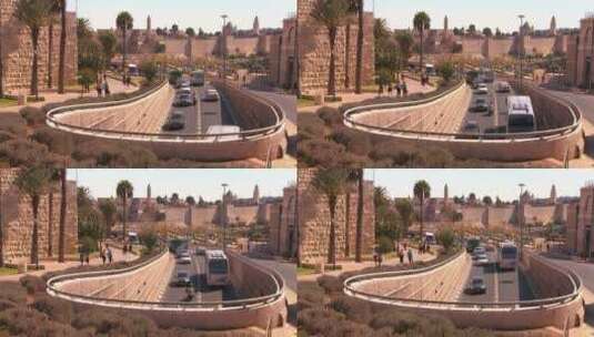 航拍以色列耶路撒冷旧城墙附近的交通高清在线视频素材下载