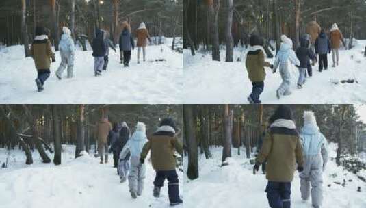 一家人在森林雪地上行走高清在线视频素材下载