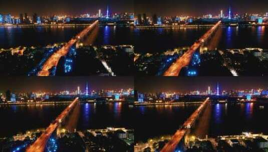 航拍武汉长江大桥夜景高清在线视频素材下载