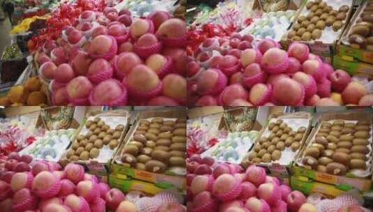 水果市场卖草莓猕猴桃芒果摊位高清在线视频素材下载