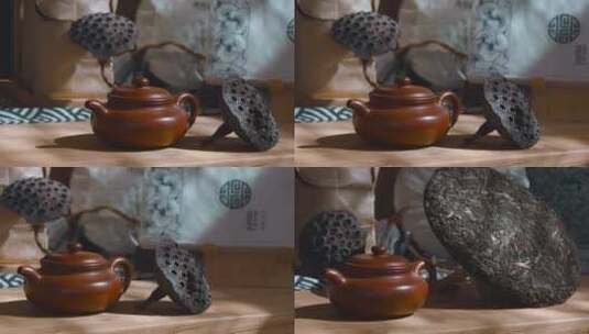 紫砂壶视频与普洱茶饼摆放在一起紫砂壶高清在线视频素材下载