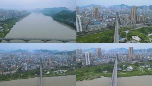 4K涪江大桥延时航拍山水城市空镜车流河山高清在线视频素材下载