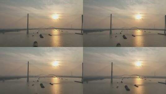 南京大胜关长江大桥夕阳江面航拍高清在线视频素材下载