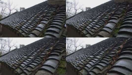 阴雨天，拍摄古建筑房顶屋檐瓦片推近的镜头高清在线视频素材下载