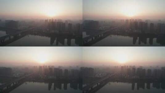 航拍衡阳湘江大桥日出城市风光高清在线视频素材下载
