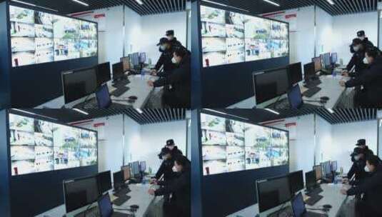 武汉疫情封城 方舱医院警务室执勤 监控屏幕高清在线视频素材下载