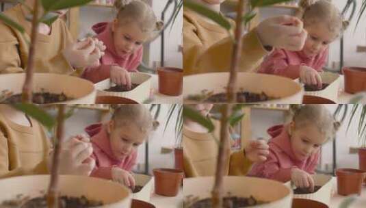 用罐子准备土壤的孩子特写镜头高清在线视频素材下载