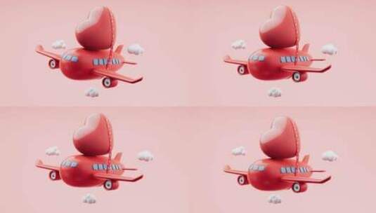 卡通风格爱心与飞机循环动画3D渲染高清在线视频素材下载
