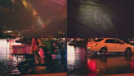 城市雨夜车流行人，雨中穿行的电动车4k高清在线视频素材下载