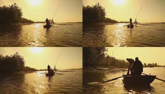 夕阳下渔民湖边撒网捕鱼高清在线视频素材下载