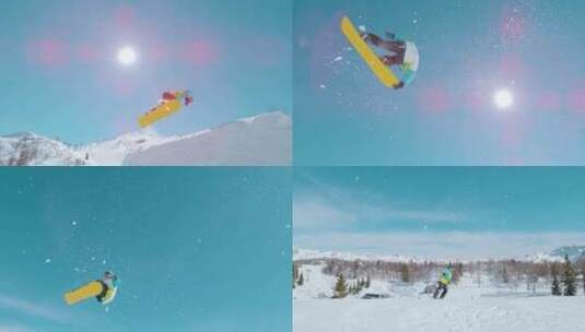 单板滑雪板运动员跳起越过太阳慢动作高清在线视频素材下载
