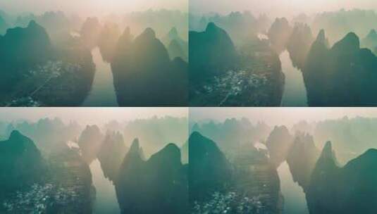 桂林山水风光航拍延时，阳光与喀斯特山峰高清在线视频素材下载