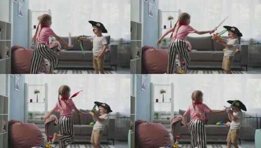 幼儿和学龄前女孩在家玩玩具剑高清在线视频素材下载