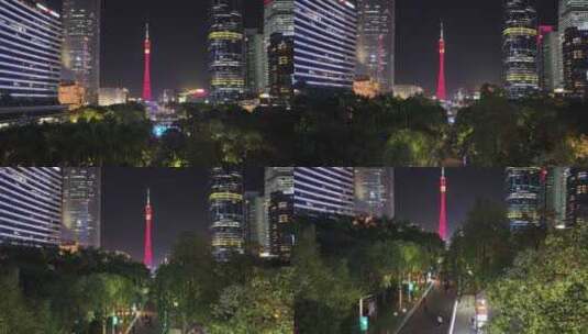 广州花城广场夜景航拍高清在线视频素材下载