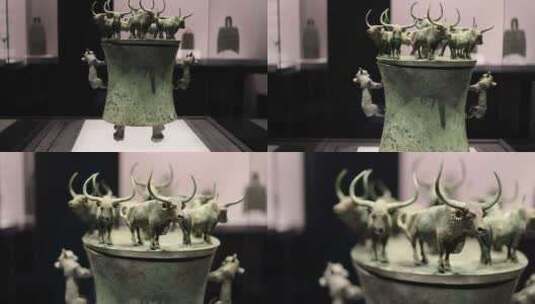 西汉八牛贮贝器，上海博物馆藏青铜器高清在线视频素材下载