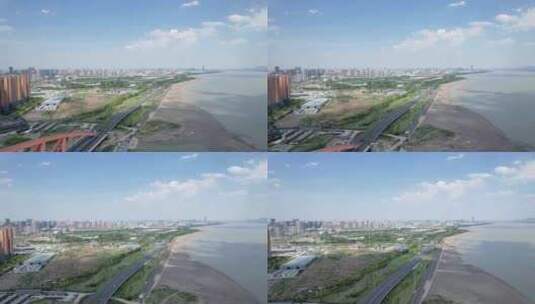 杭州钱塘江沿江边江景风景特写航拍高清在线视频素材下载