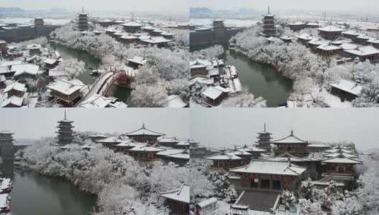 航拍襄阳唐城景区雪景，唐城影视基地雪景高清在线视频素材下载