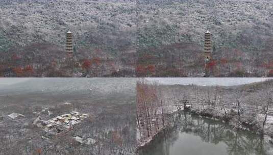 雪中的山林间古建筑群鸟瞰全景，南京灵谷寺高清在线视频素材下载