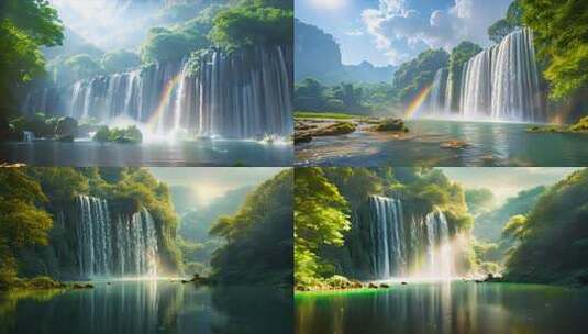 唯美瀑布与彩虹动画场景 波澜壮阔的大瀑布高清在线视频素材下载