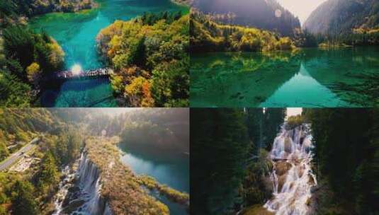 4K九寨沟瀑布湖泊航拍全景高清在线视频素材下载