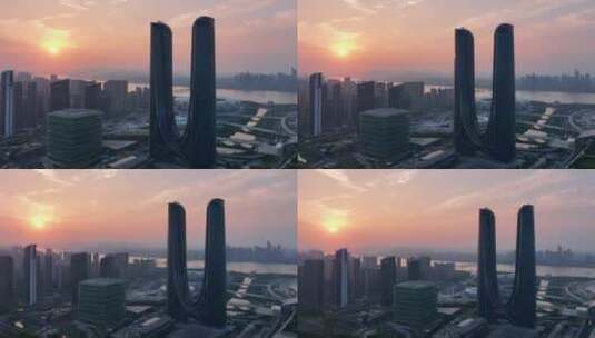 航拍夕阳下的杭州奥体博览城5高清在线视频素材下载