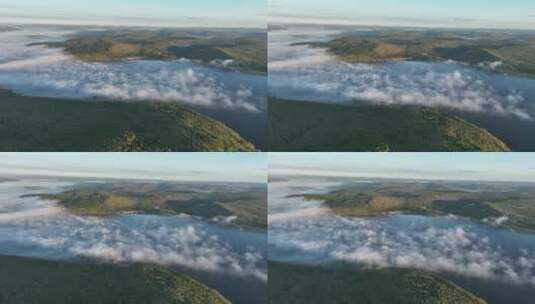 航拍晨雾缭绕的高原湖泊高清在线视频素材下载