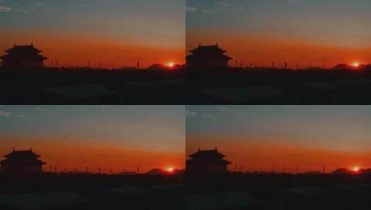 夕阳红日的古代城墙高清在线视频素材下载