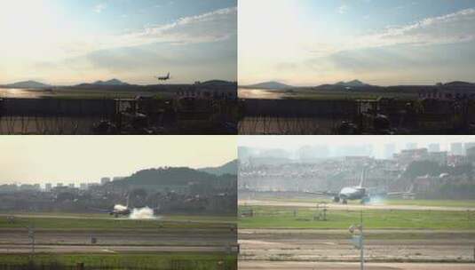 飞机安全的降落在机场跑道高清在线视频素材下载