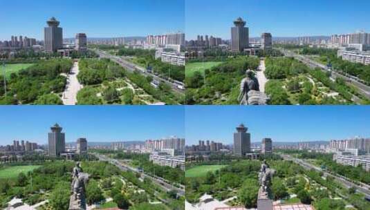 内蒙古呼和浩特成吉思汗广场雕像天际线航拍高清在线视频素材下载
