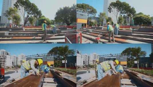 市政建设城市改造花台防腐木安装高清在线视频素材下载