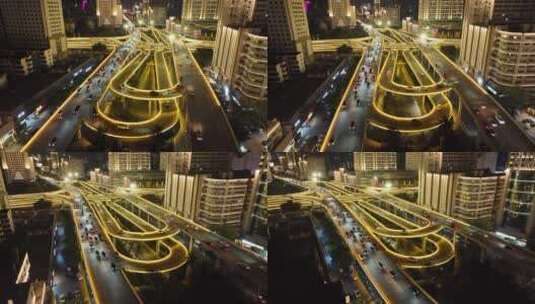 航拍夜晚城市内的立交桥高清在线视频素材下载