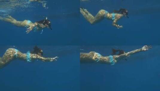 比基尼美女海底浮潜慢动作高清在线视频素材下载