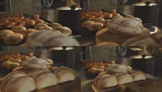 新鲜烘焙面包和面包卷的特写高清在线视频素材下载