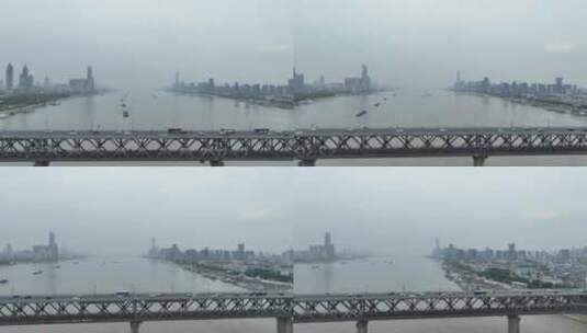 阴天武汉长江大桥航拍桥梁交通车流城市风光高清在线视频素材下载