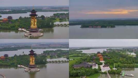 江苏省泰州溱湖湿地公园古寿圣寺晨曦航拍高清在线视频素材下载