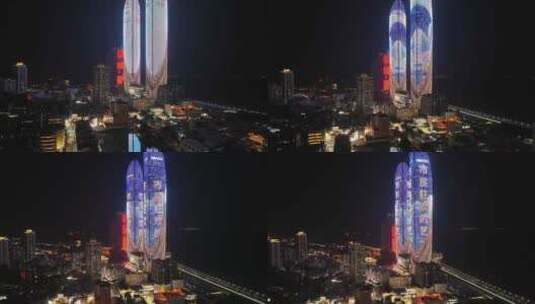 厦门CBD双子塔夜景航拍高清在线视频素材下载