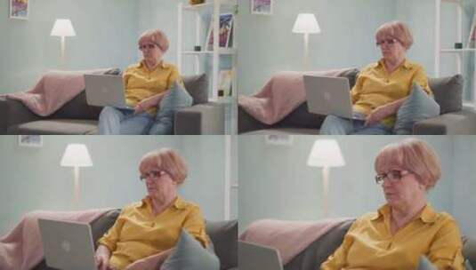 疲惫的戴眼镜的老年妇女坐在沙发上治疗近视高清在线视频素材下载