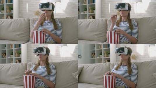 女人戴着VR眼镜看电影高清在线视频素材下载