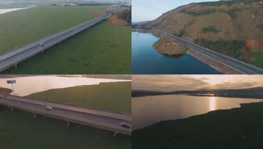 4k航拍落日湖泊跨水高速公路高清在线视频素材下载